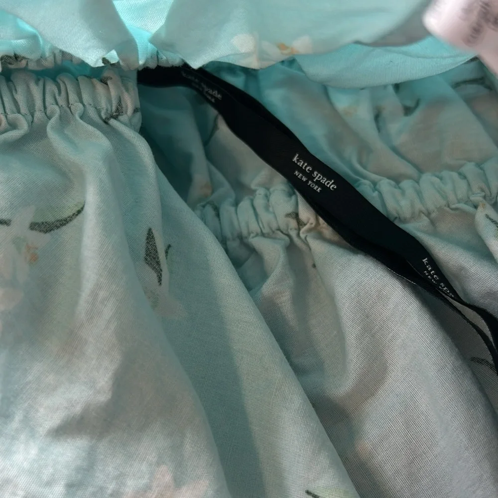 Kate Spade Whimsy Floral Puff sleeve Top Aqua White Flowers Shirt Ties Sz XL